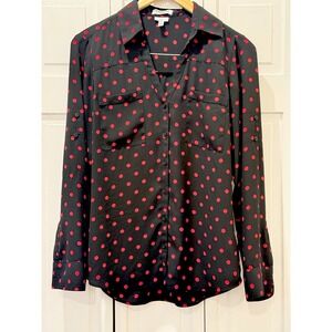 Express Portofino‎ Sheer Black/Red Polka Dots Wmn Slim M Preppy Rockabilly Edge